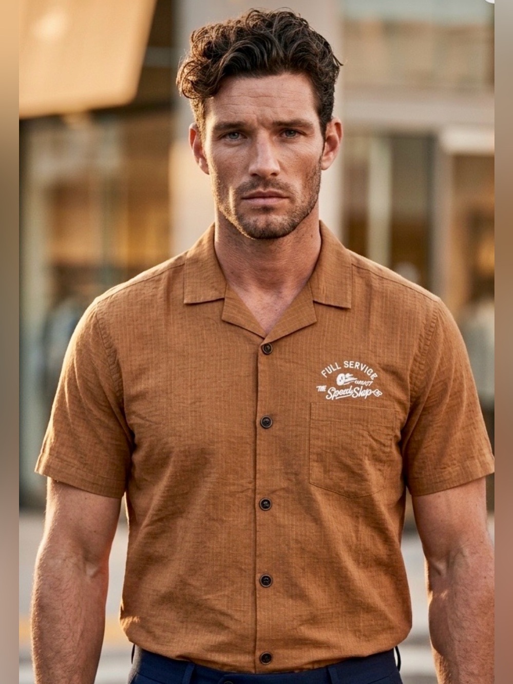 NWT Lark & Owl Men's Motorcycle Speed Shop Button Up Shirt in Burnt Orange L